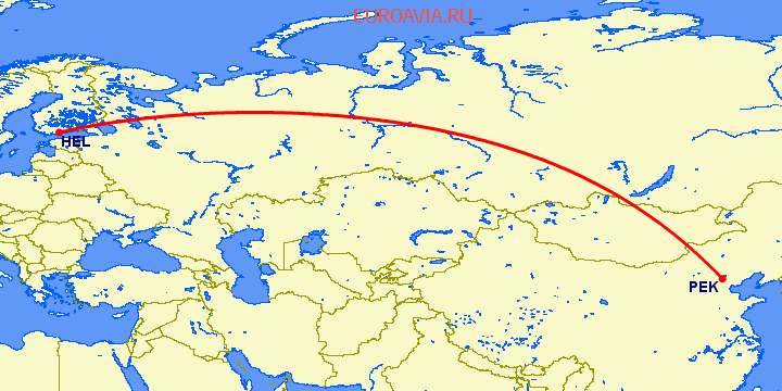 перелет Хельсинки — Пекин на карте