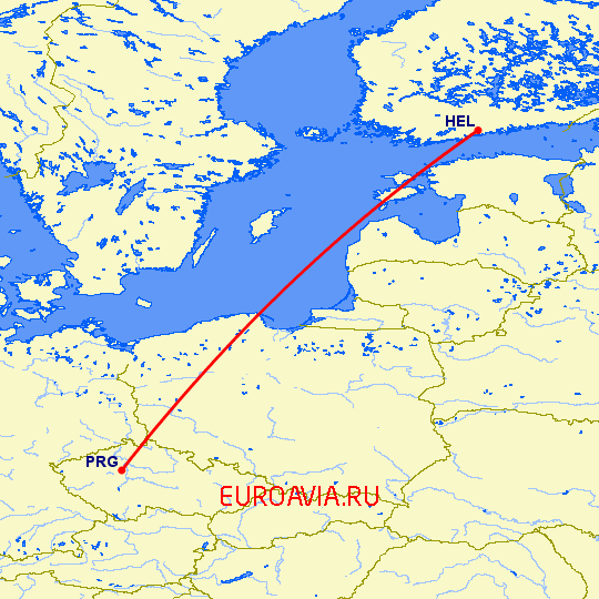 перелет Хельсинки — Прага на карте