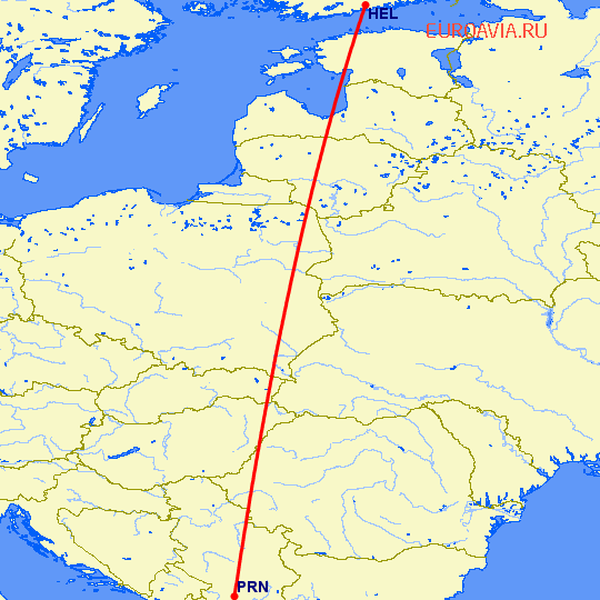 перелет Хельсинки — Приштина на карте