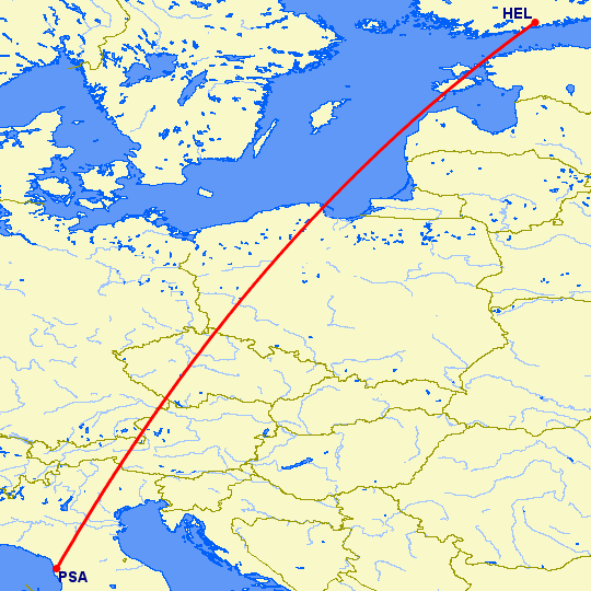 перелет Хельсинки — Пиза на карте