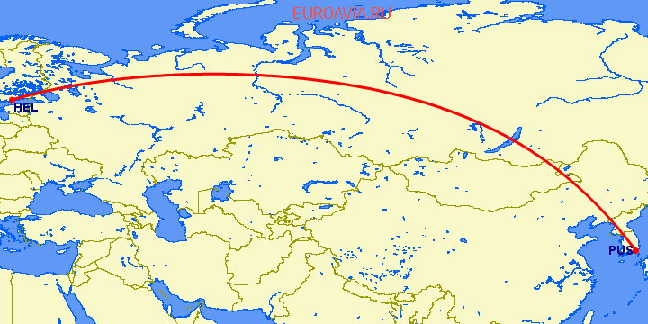 перелет Хельсинки — Пусан на карте