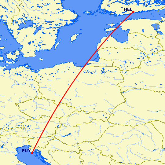 перелет Хельсинки — Пула на карте