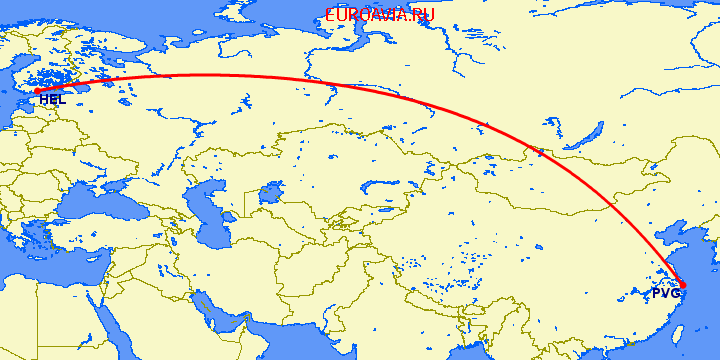 перелет Хельсинки — Шанхай на карте