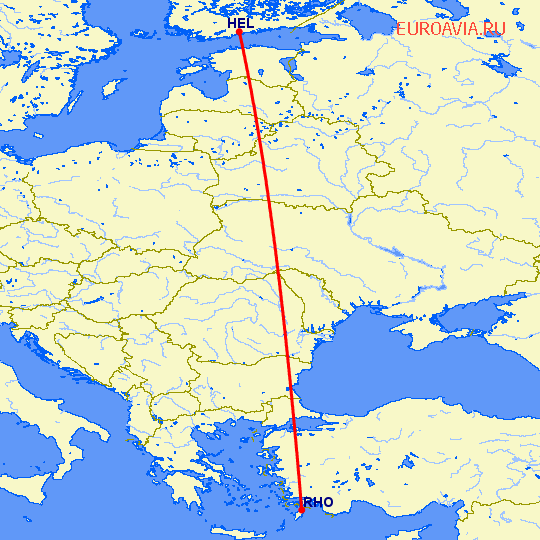 перелет Хельсинки — Родос на карте