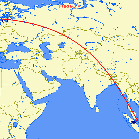 перелет Хельсинки — Сингапур на карте