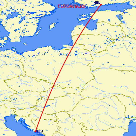 перелет Хельсинки — Сплит на карте