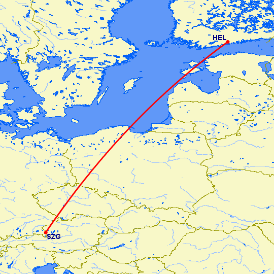 перелет Хельсинки — Зальцбург на карте
