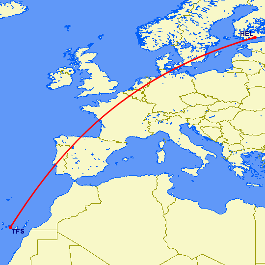перелет Хельсинки — Тенерифе на карте