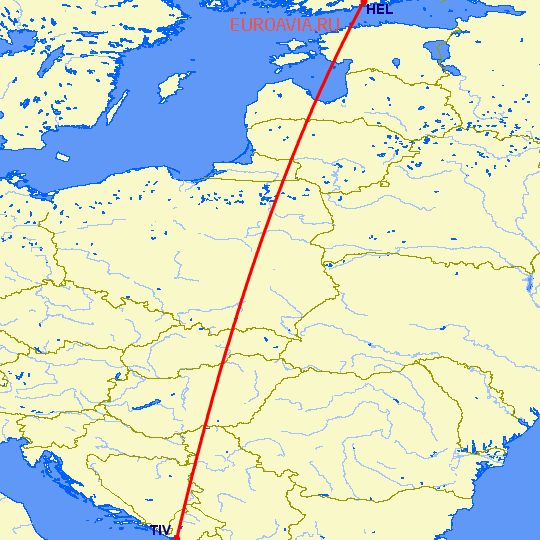 перелет Хельсинки — Тиват на карте