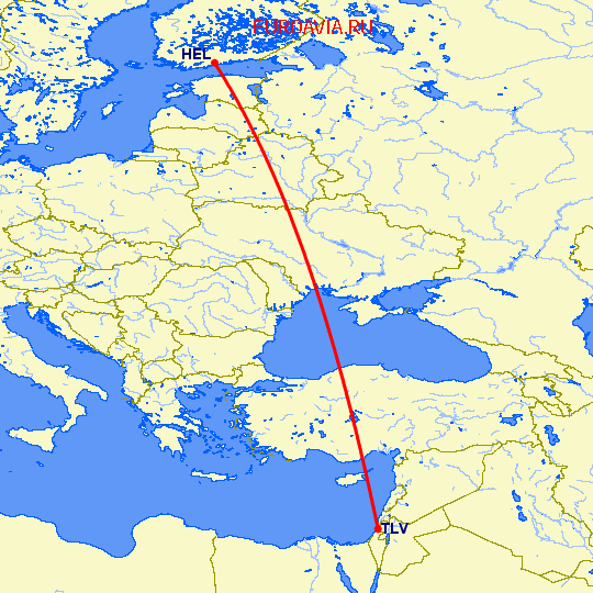 перелет Хельсинки — Тель Авив на карте