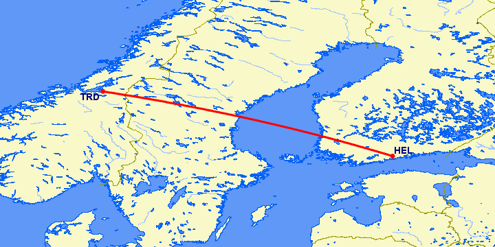 перелет Хельсинки — Тронхейм на карте