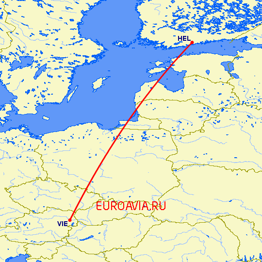 перелет Хельсинки — Вена на карте