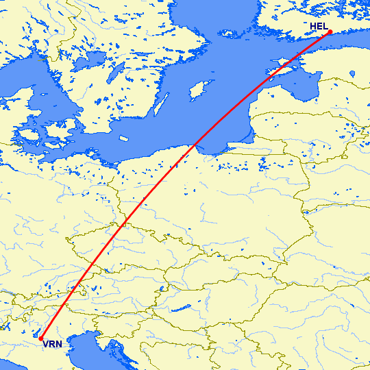 перелет Хельсинки — Верона на карте