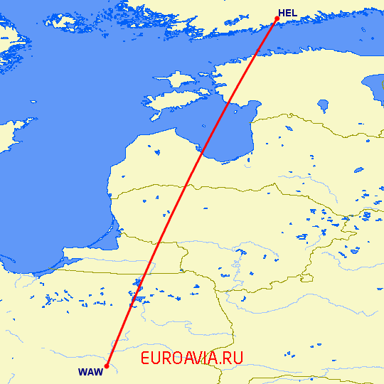 перелет Хельсинки — Варшава на карте