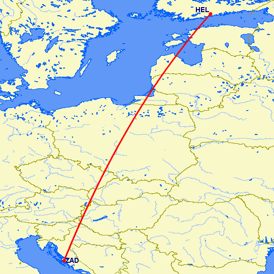 перелет Хельсинки — Задар на карте
