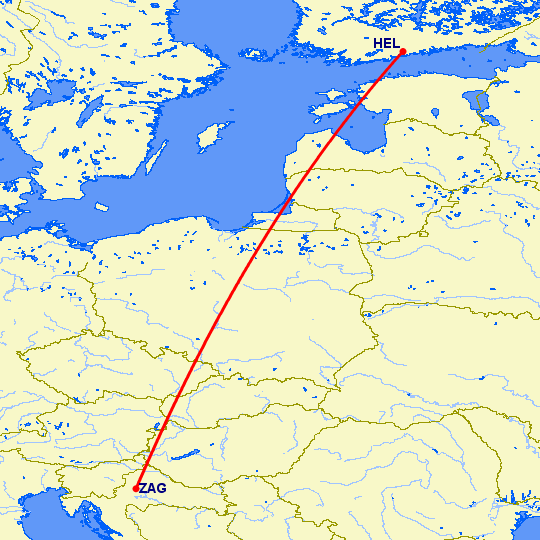 перелет Хельсинки — Загреб на карте