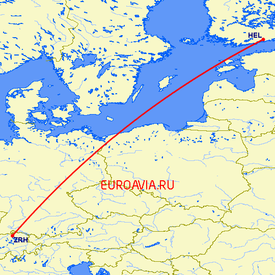 перелет Хельсинки — Цюрих на карте