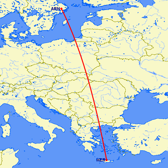 перелет Ираклион — Стокгольм на карте