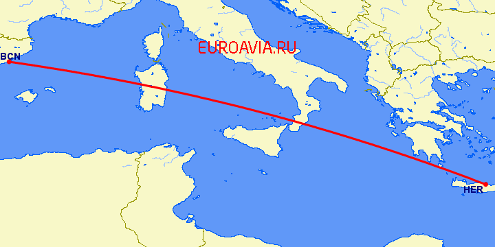 перелет Ираклион — Барселона на карте