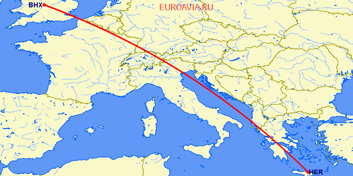 перелет Ираклион — Бирмингем на карте