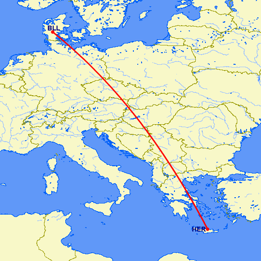 перелет Ираклион — Биллунд на карте
