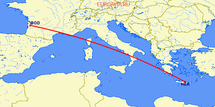перелет Ираклион — Бордо на карте