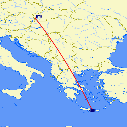 перелет Ираклион — Братислава на карте