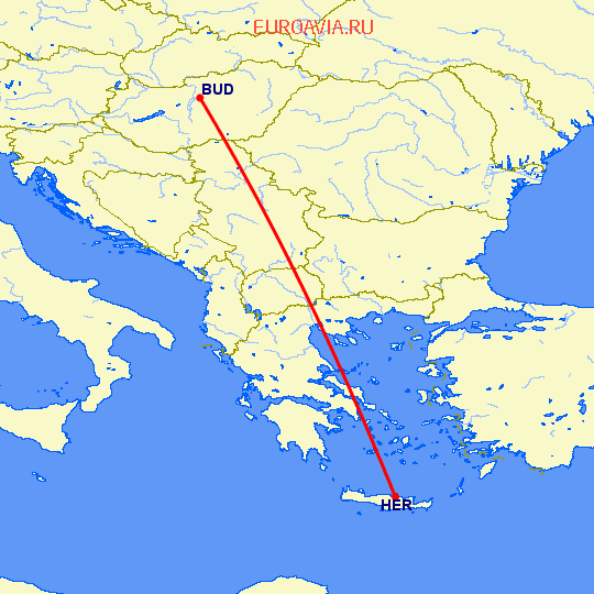 перелет Ираклион — Будапешт на карте