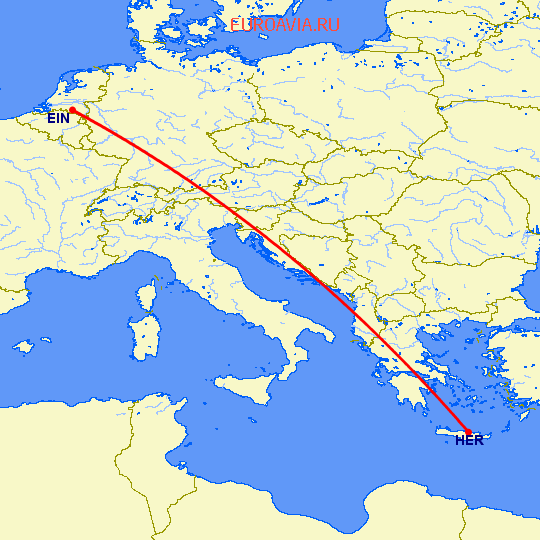 перелет Ираклион — Эйндховен на карте
