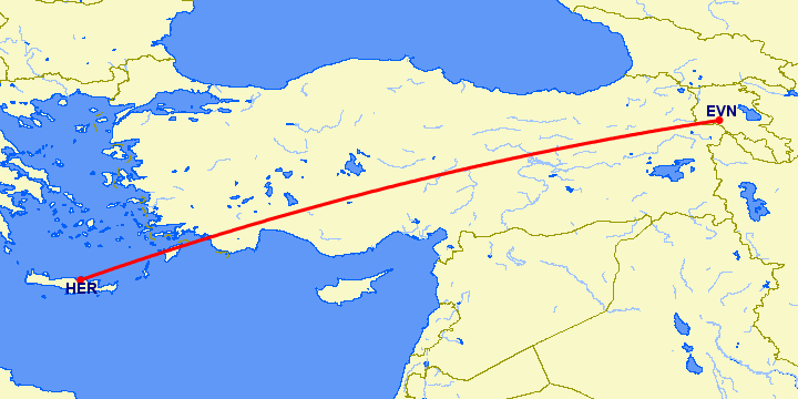 перелет Ираклион — Ереван на карте