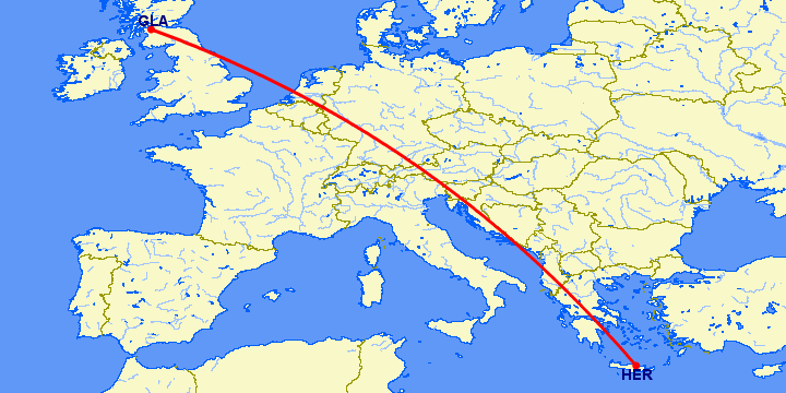 перелет Ираклион — Глазго на карте