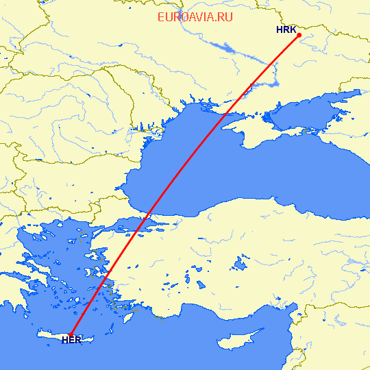 перелет Ираклион — Харьков на карте