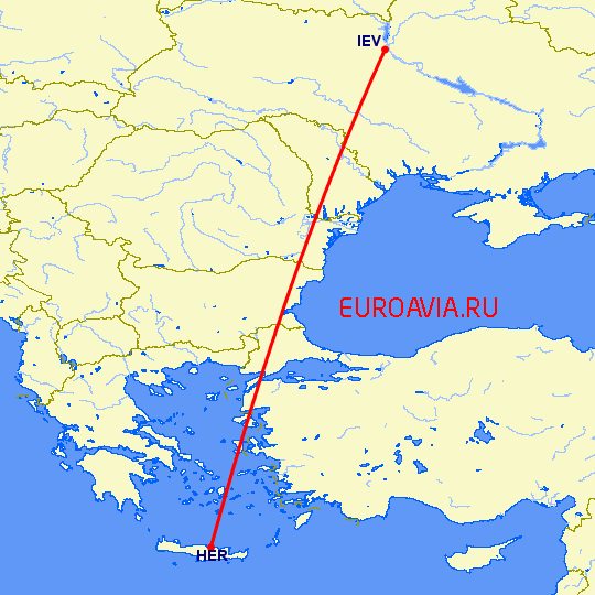 перелет Ираклион — Киев на карте