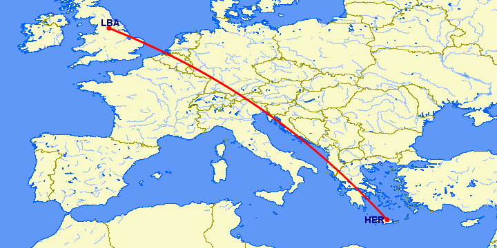 перелет Ираклион — Лидс на карте