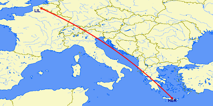 перелет Ираклион — Лилль на карте