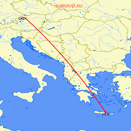 перелет Ираклион — Линц на карте