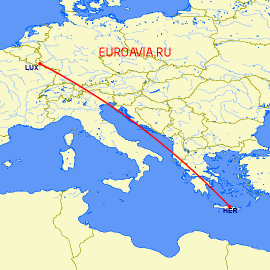 перелет Ираклион — Люксембург на карте