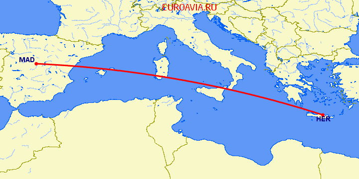 перелет Ираклион — Мадрид на карте