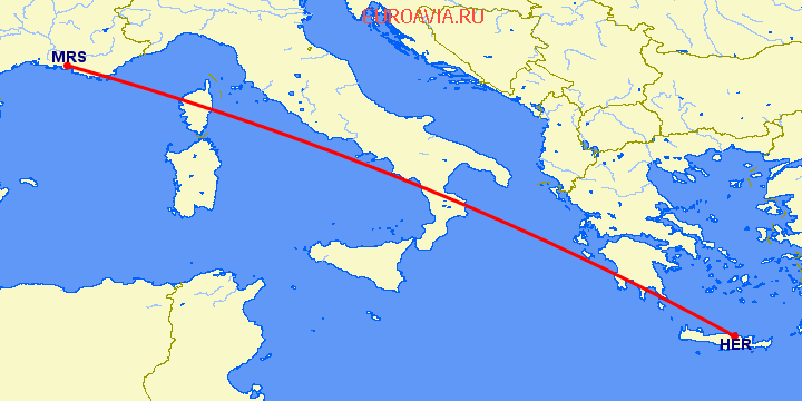 перелет Ираклион — Марсель на карте