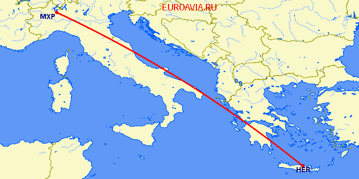 перелет Ираклион — Милан на карте