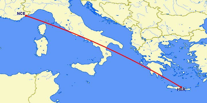 перелет Ираклион — Ницца на карте