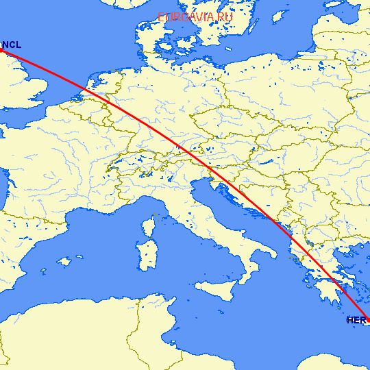 перелет Ираклион — Ньюкасл на карте