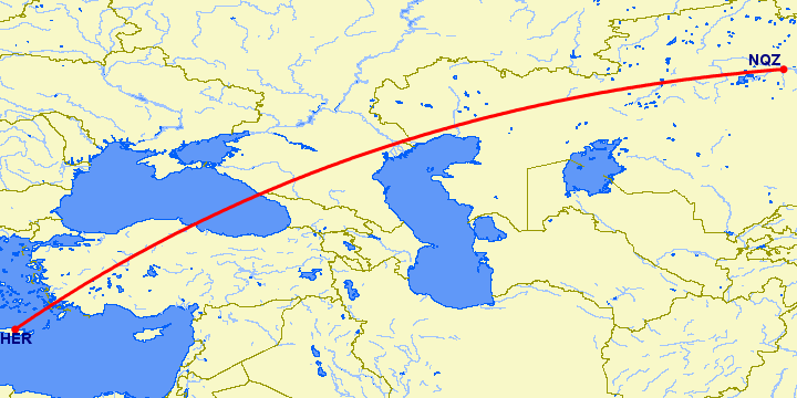 перелет Ираклион — Нур-Султан на карте