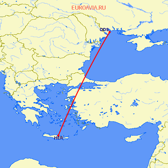 перелет Ираклион — Одесса на карте