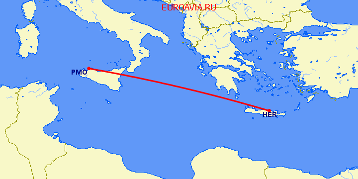 перелет Ираклион — Палермо на карте