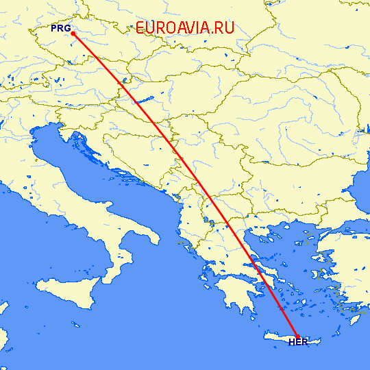 перелет Ираклион — Прага на карте