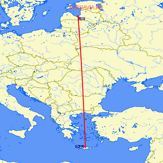 перелет Ираклион — Рига на карте