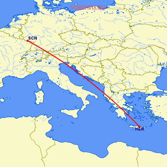 перелет Ираклион — Саарбрюккен на карте