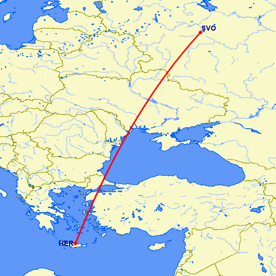 перелет Ираклион — Москва на карте