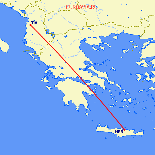 перелет Ираклион — Тирана на карте